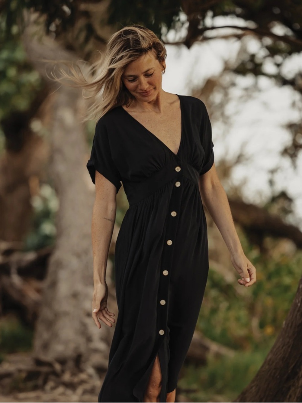 The Normal Brand Black Midi Button-Front Dress
